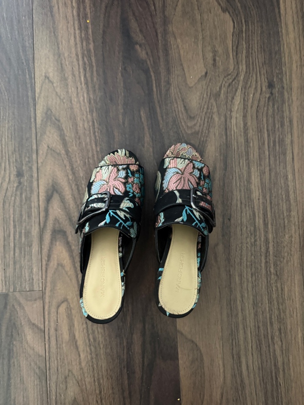 Marc Fisher Black Floral Embroidered Slip-On Mules with Pink & Teal
